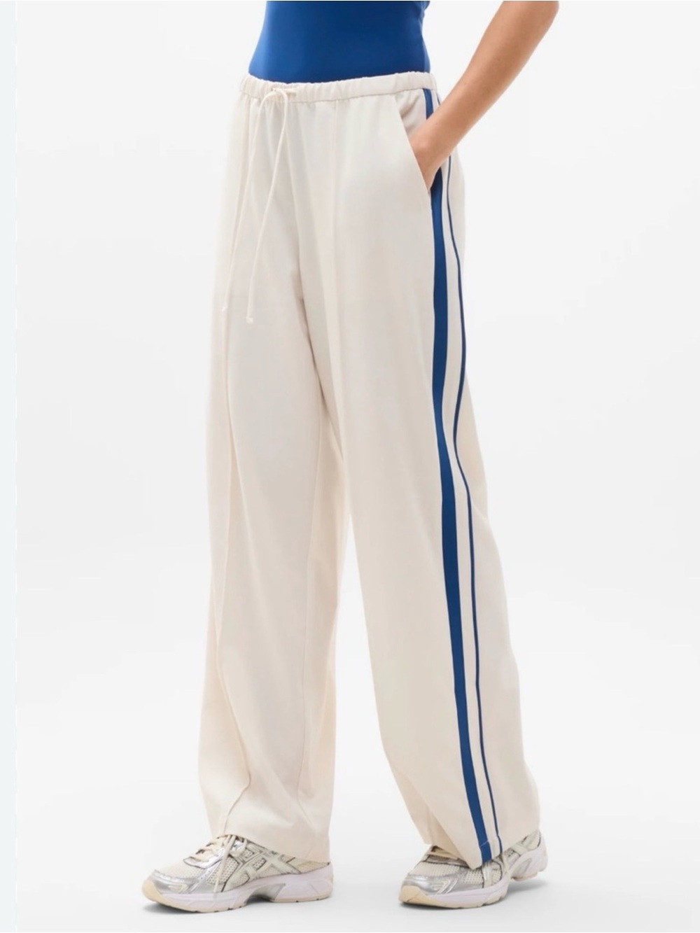 Athleta MVP Side Stripe Cream Wide-Leg Track Pants with Blue Side Stripes